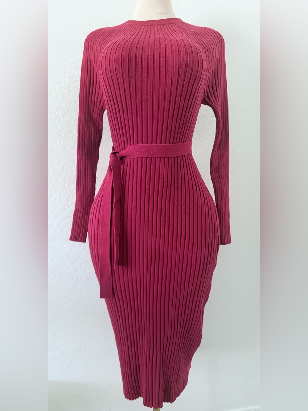 Ann Taylor Fuchsia Ribbed Sweater Dress Belted Midi Stretch Knit Size L